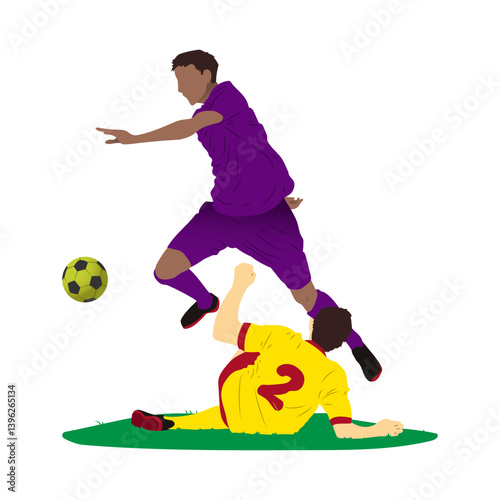 Duel striker and defender in the futsal, football, or soccer player vector. wearing purple and yellow shirts.
