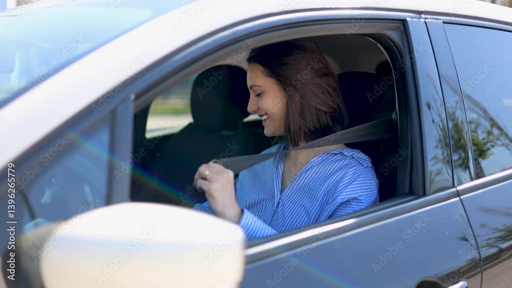 Professional businesswoman securing seat belt before driving
