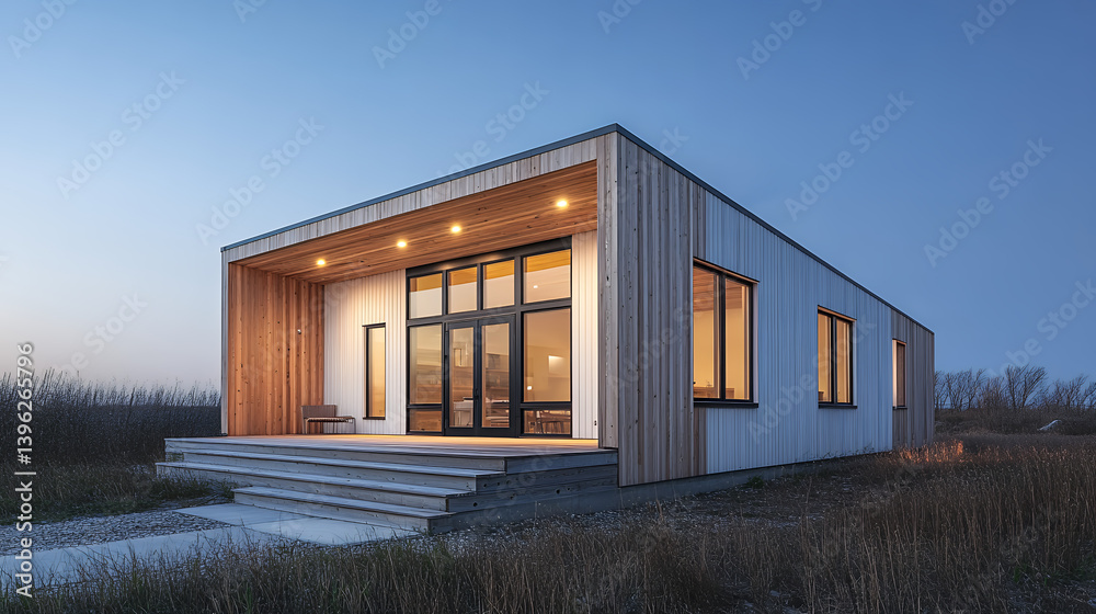 Fototapeta premium Scandinavian style, house with nature, Realistic photo, modern, architecture, Scandinavian, residential, exterior, garden, nature, wood, harmony, calm, mode, refined, simple, minimalist,detached house