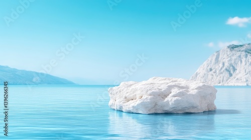 Iceberg in Calm Waters Minimalist Style High-Resolution Photography Landscape Wide Shot Textured Surface Floating Serenity Clear Blue Ocean Background Serene Mood Perfect for Climate Change Awareness