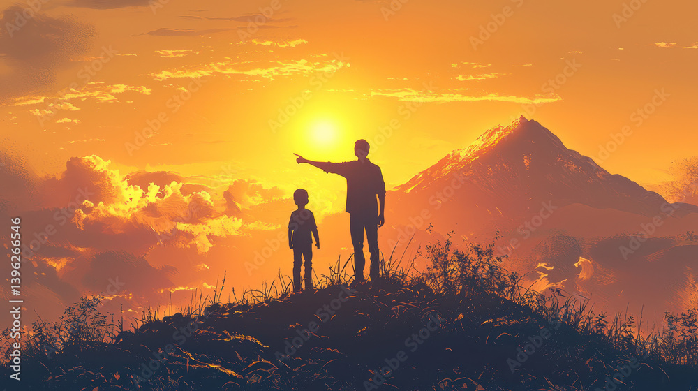 Fototapeta premium A Silhouetted mentor and mentee standing atop hill sunrise, mentor pointing toward glowing mountain peak, symbolizing future