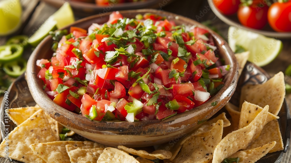 Zesty pico de gallo dip a rustic bowl featuring fresh diced tomatoes onions cilantro and jalapeos served with crispy tortilla chips and lime wedges Zesty pico de gallo dip a rustic bowl featuring fresh diced tomatoes onions cilantro and jalapeos served with crispy tortilla chips and lime wedges