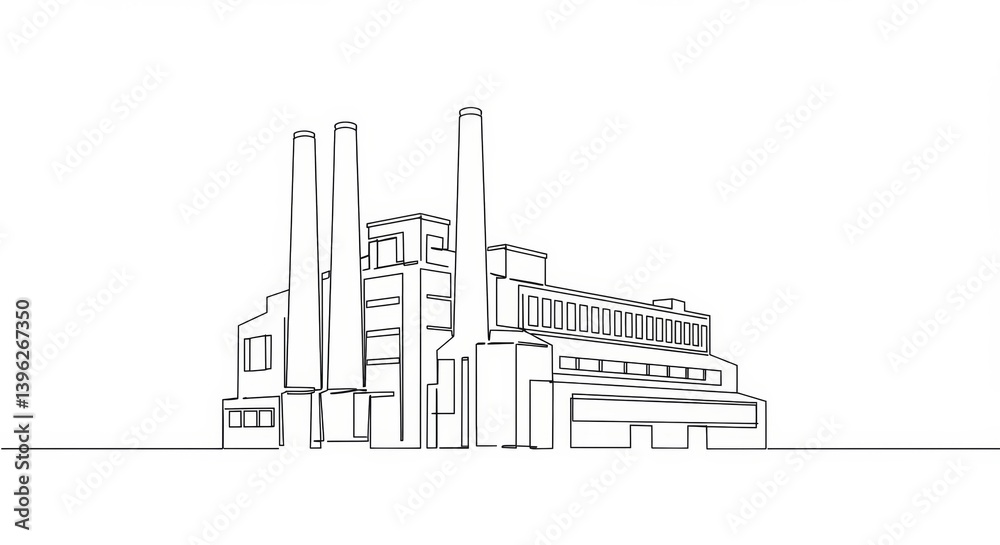 Elegant minimalist one-line drawing showcasing a classic industrial textile mill building Elegant minimalist one-line drawing showcasing a classic industrial textile mill building