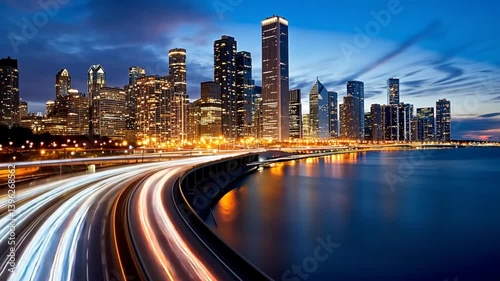 Chicago skyline at dusk with illuminated buildings and flowing traffic along the waterfront