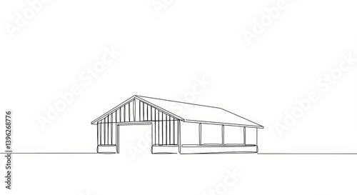 Minimalist single line drawing of a rural barn structure on a farm scene