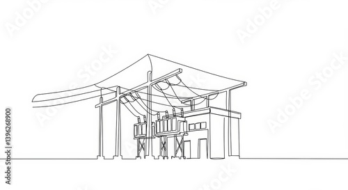 Minimalist single line drawing of electrical substation facility conveying power