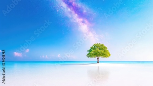 A solitary tree standing on a pristine white sandbar in the middle of a turquoise ocean, vibrant blue sky with a colorful galaxy in the background, and serene and surreal landscape.
