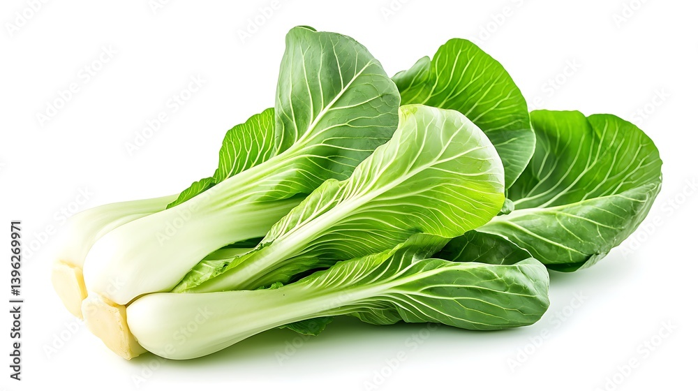 Crisp bok choy cluster displaying fresh vibrant leaves on a seamless white backdrop Crisp bok choy cluster displaying fresh vibrant leaves on a seamless white backdrop