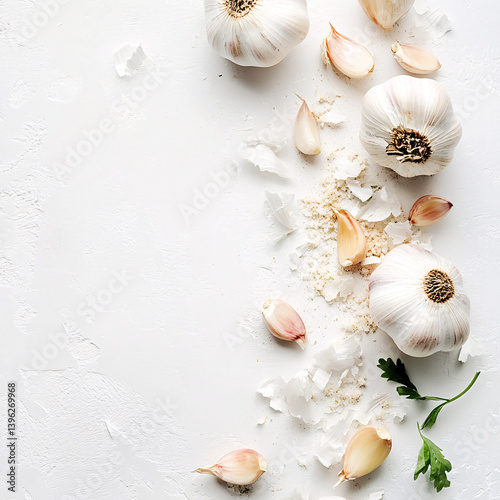 Rustic garlic cloves and whole bulbs closeup on white background