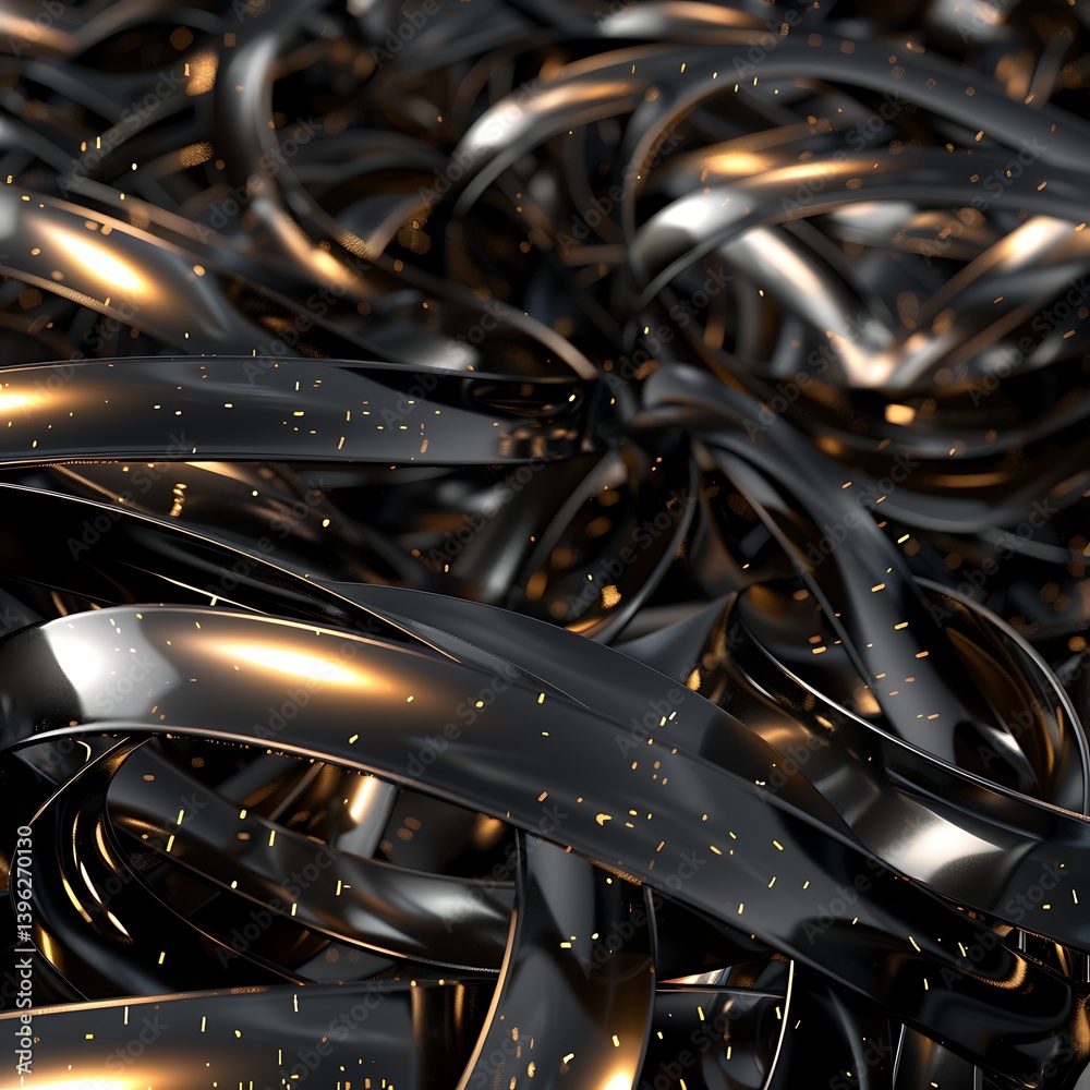 Abstract close-up background of tangled, shiny black metallic ribbons or strips, accented with sparkling golden particles. Luxurious and dynamic texture.
Abstract close-up background of tangled, shiny black metallic ribbons or strips, accented with sparkling golden particles. Luxurious and dynamic texture.