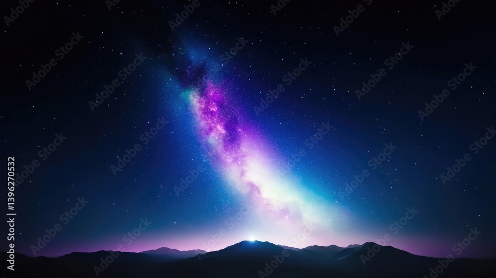 Naklejka premium Milky Way Galaxy over Mountains Dramatic Celestial Style High-definition Vivid Lighting Landscape Wide Shot Starry Night Celestial Wonder Deep Purple Hues Ideal for Space Exploration Websites