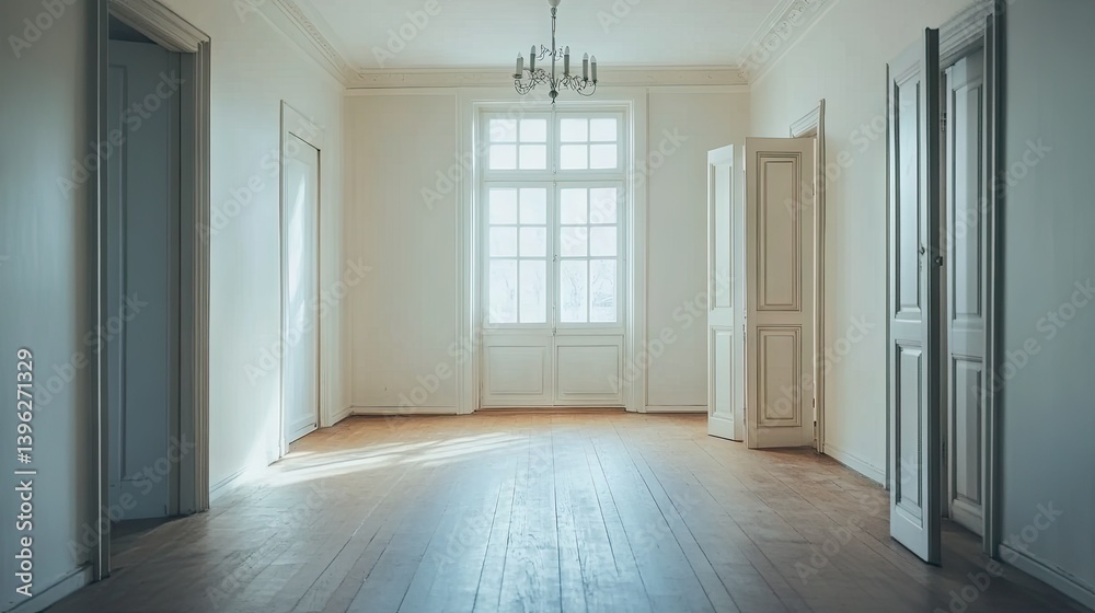 Hanging white lamp in minimalist restored hallway with warm wood floor Hanging white lamp in minimalist restored hallway with warm wood floor