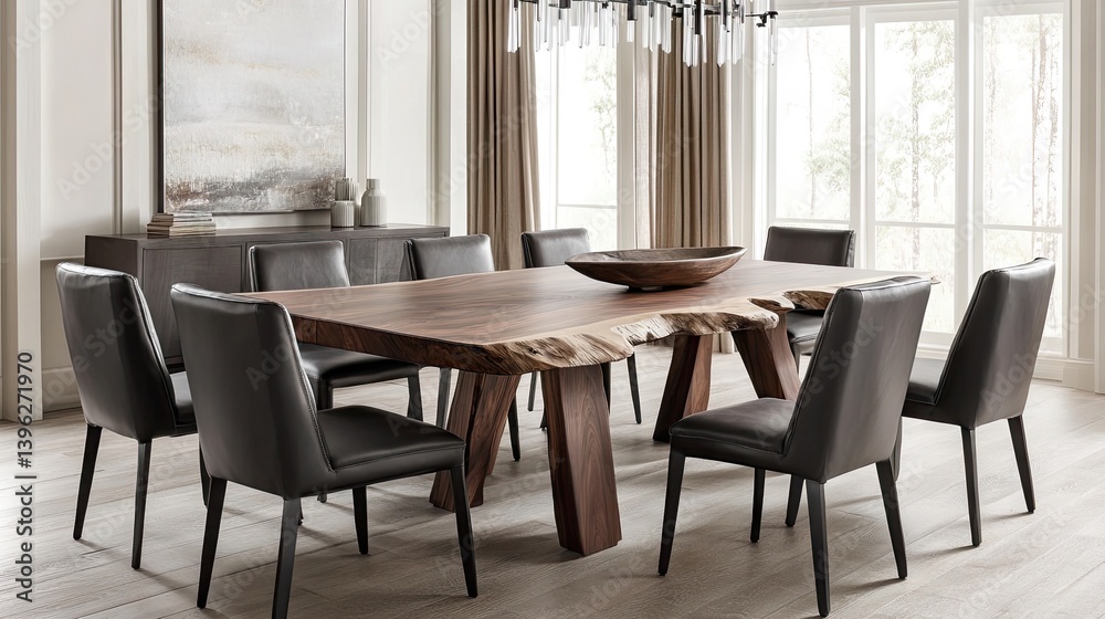 Modern farmhouse-style Canadian dining set with live-edge wood table and upholstered chairs Modern farmhouse-style Canadian dining set with live-edge wood table and upholstered chairs