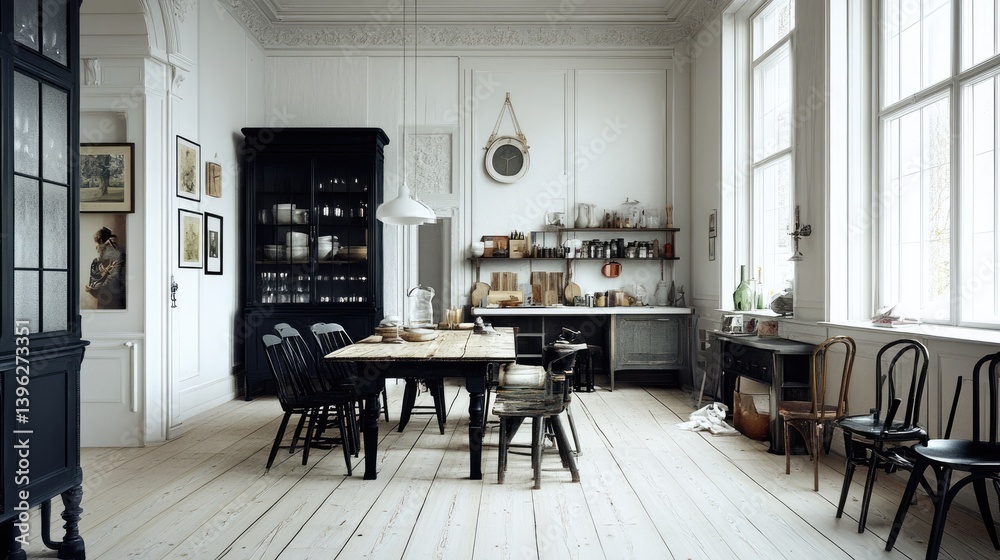 Room with white walls and sanded wooden floor, decorated with retro black furniture Room with white walls and sanded wooden floor, decorated with retro black furniture
