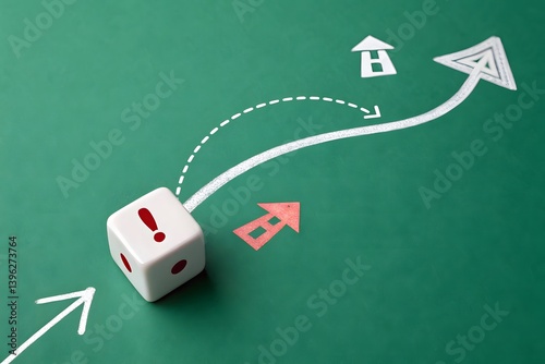 Strategic Pathway with Detour and Alert Symbol on Dice – Concept of Risk and Direction Change