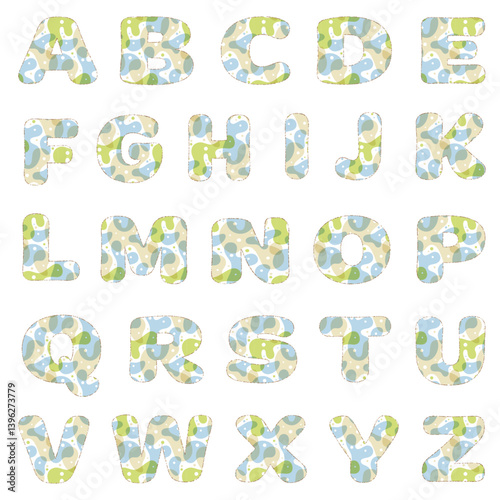 Colorful uppercase alphabet set featuring bold letters with abstract green, blue, and beige organic patterns on a white background