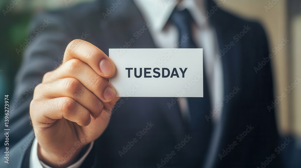 Businessman holding white card showing tuesday Businessman holding white card showing tuesday
