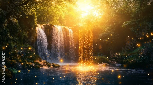 Fototapeta Naklejka Na Ścianę i Meble -  A mystical waterfall cascading into a serene pool surrounded by lush greenery and glowing lights