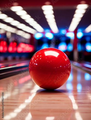 Bright red bowling ball rolls down a polished lane in a lively bowling alley Generative AI