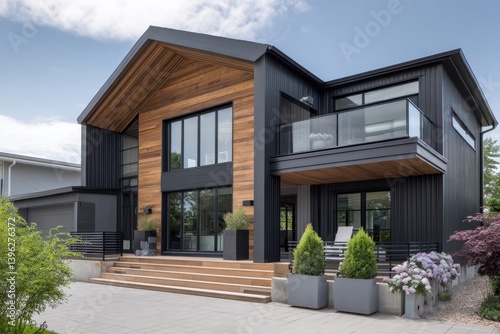 Exterior view of a modern home with wood accents and a balcony under a cloudy sky during the daytime