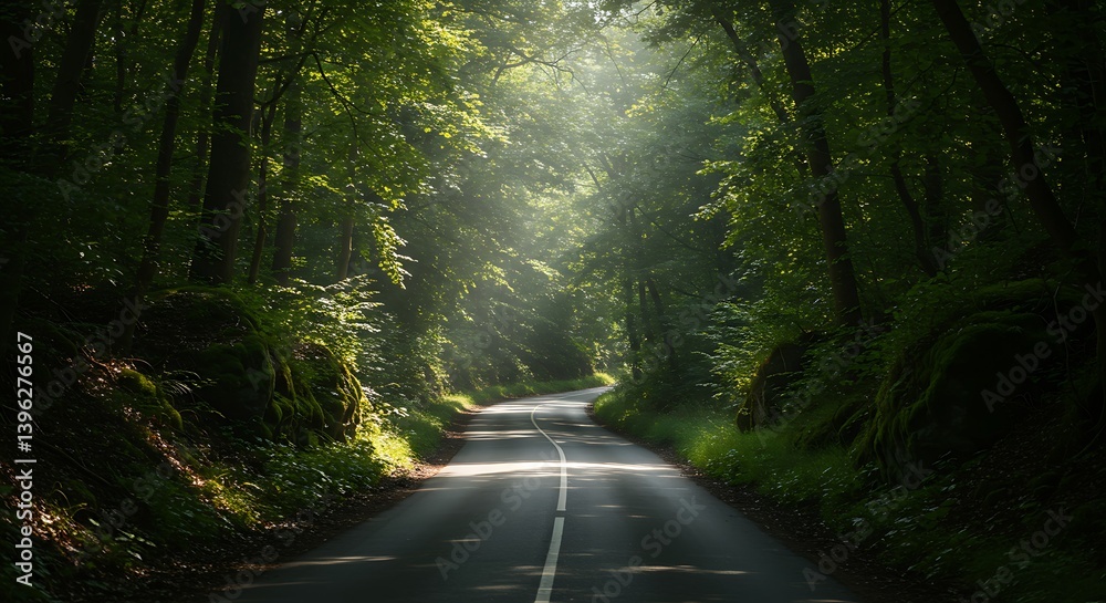 Obraz premium Road winding through verdant forest ? embracing nature's calm ? travel blog post or nature photography