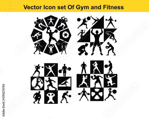  Gym and fitness collection for Wellness. Group of active people doing fitness and gym activities isolated on white background.