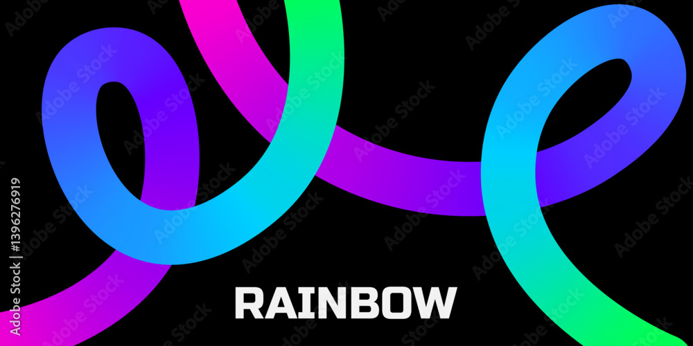 Obraz premium Lines with Color Gradient on a Black Background. Abstract Pattern of 3D Wavy Shapes. Vector Graphic of Rainbow Ribbons
