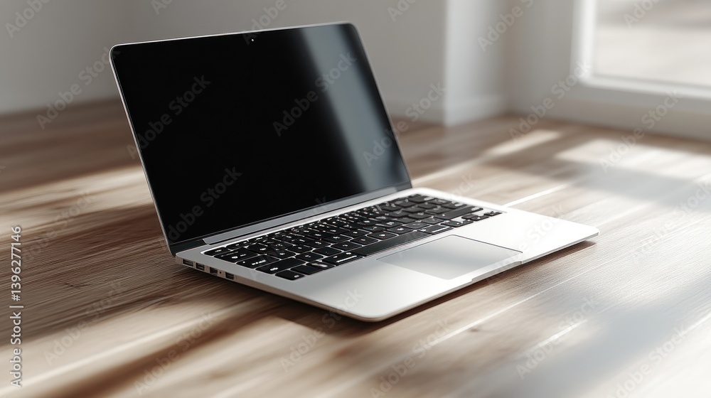 Modern Laptop on Wooden Desk with Natural Light Modern Laptop on Wooden Desk with Natural Light