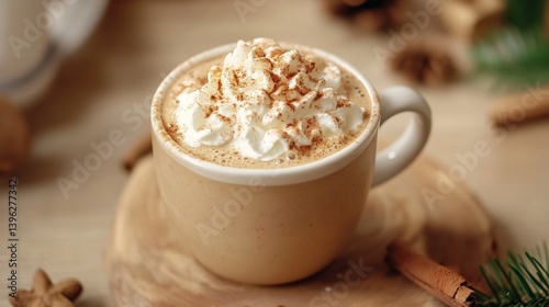 Holiday gingerbread latte a cozy caf A warm holiday drink with gingerbread spices whipped cream and cinnamon dusting