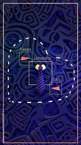 Father's Day Tie and Red Paper Planes with Heart Outline on Blue Background