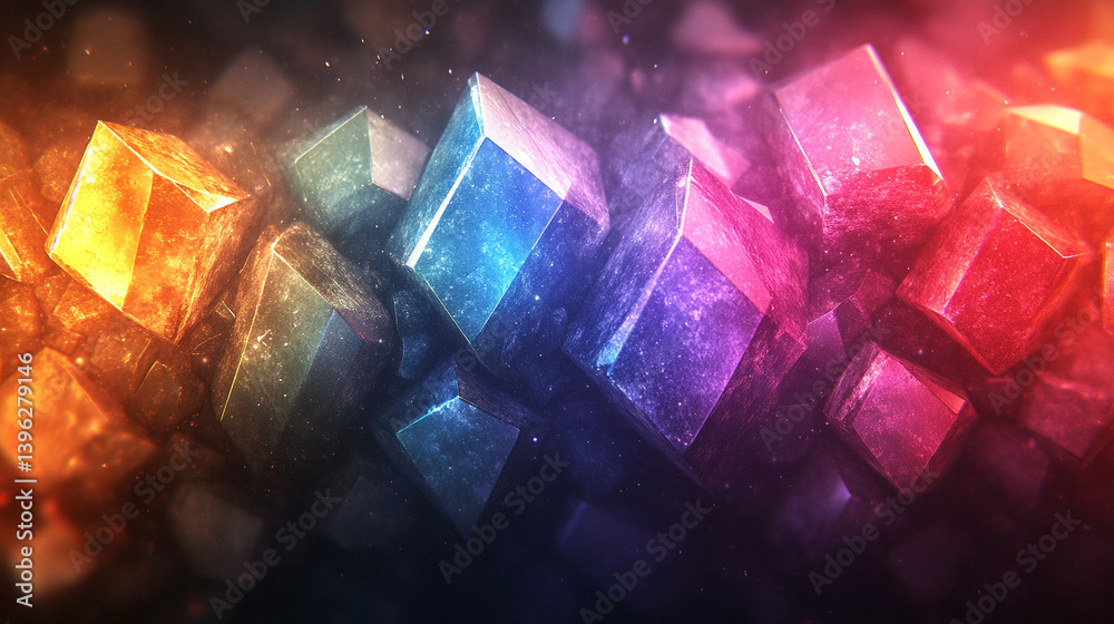 Obraz premium Prism light reflections on black background, featuring blurred geometric shapes, soft gradients, and ethereal colorful overlay, creating a glowing and modern visual effect of sunlight refraction.