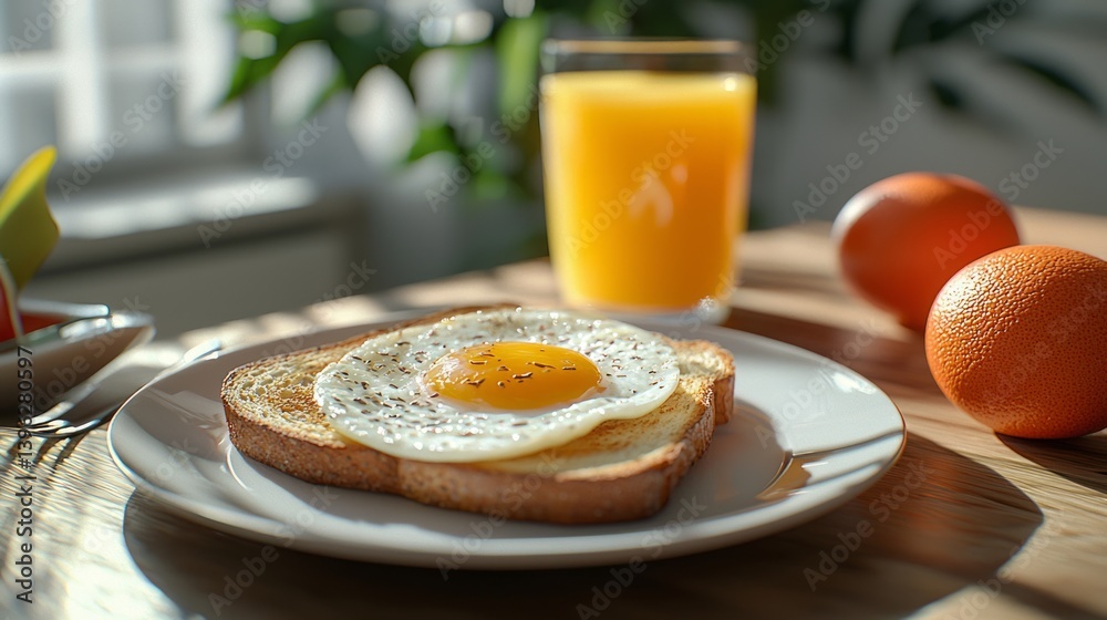 Fresh Breakfast with Fried Egg, Toast, Orange Juice, and Oranges Fresh Breakfast with Fried Egg, Toast, Orange Juice, and Oranges