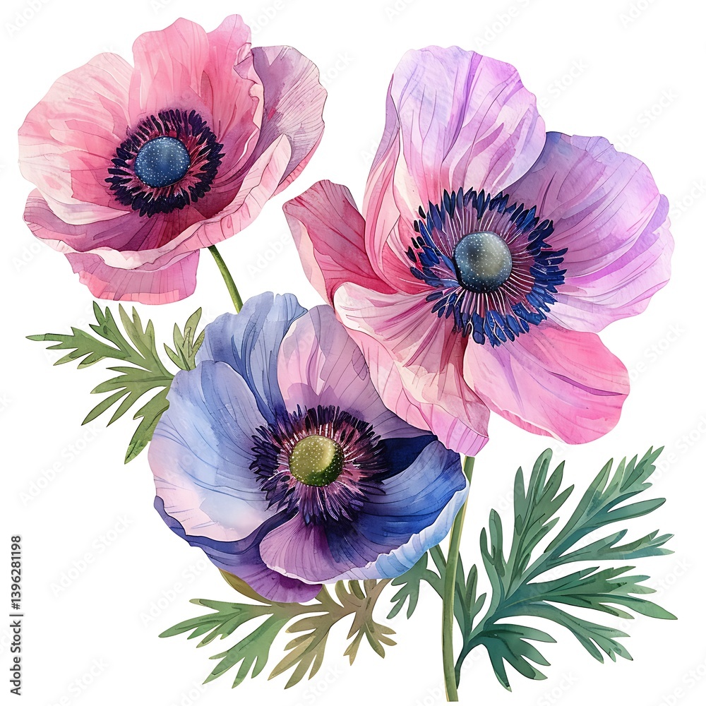 Fototapeta premium Watercolor Floral Arrangement with Pink Purple and Blue Anemones with Green Leaves