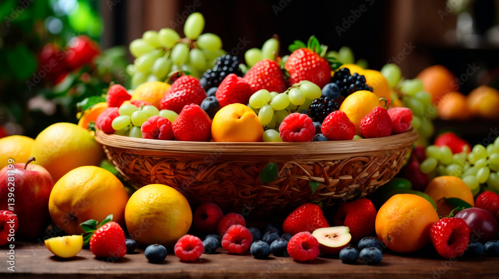 Fresh assorted fruits in a rustic basket on a wooden table Generative AI Fresh assorted fruits in a rustic basket on a wooden table Generative AI