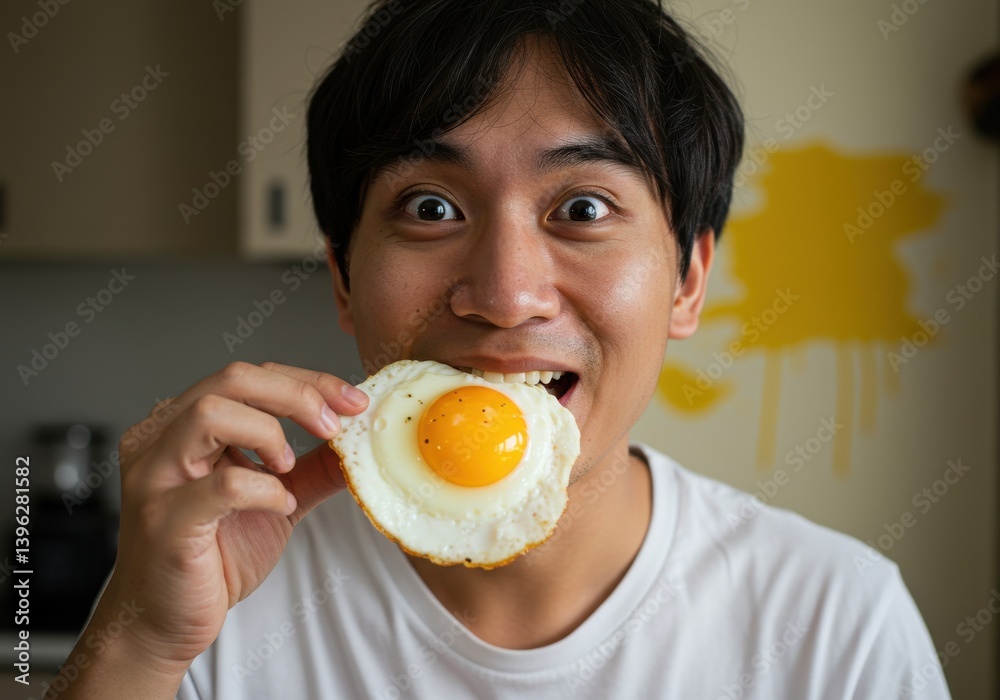 Man eating a fried egg smile isolated on white background Man eating a fried egg smile isolated on white background