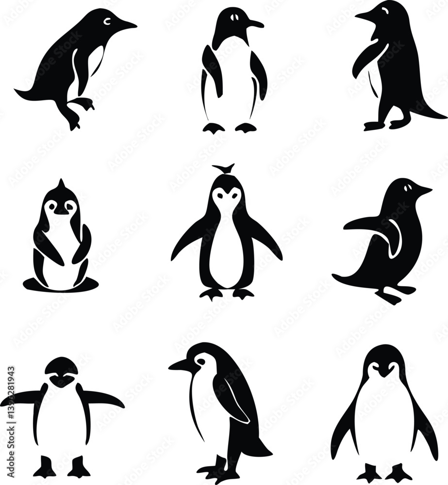 Fototapeta premium Cute and Silhouette Penguin Vector Set – Cartoon Baby Penguins in Various Poses and Black and White Icons for Kids, Winter, and Wildlife Design.