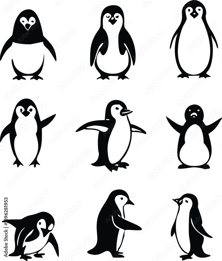 Obraz premium Cute and Silhouette Penguin Vector Set – Cartoon Baby Penguins in Various Poses and Black and White Icons for Kids, Winter, and Wildlife Design.