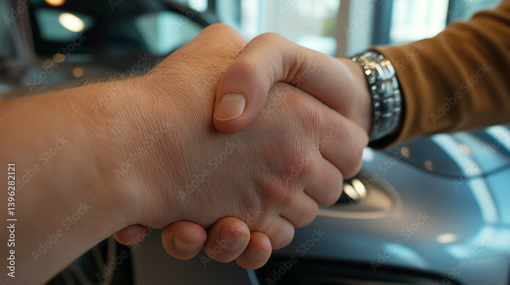 Car buyer and seller handshake in dealership showroom, reflections on car body Car buyer and seller handshake in dealership showroom, reflections on car body