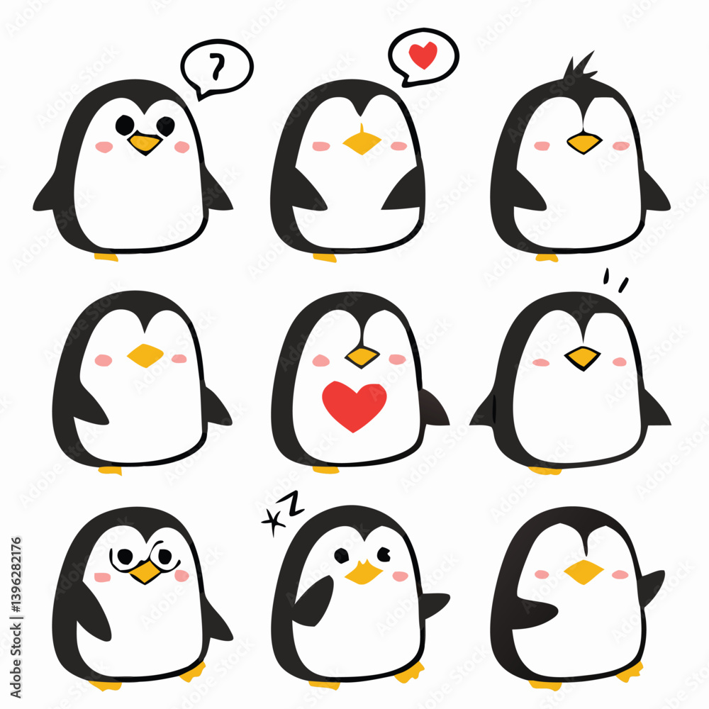 Obraz premium Cute and Silhouette Penguin Vector Set – Cartoon Baby Penguins in Various Poses and Black and White Icons for Kids, Winter, and Wildlife Design.