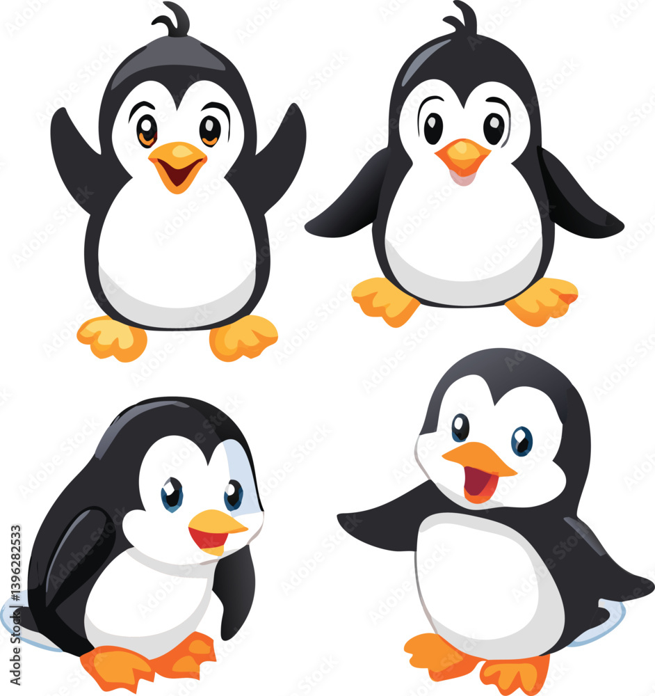 Fototapeta premium Cute and Silhouette Penguin Vector Set – Cartoon Baby Penguins in Various Poses and Black and White Icons for Kids, Winter, and Wildlife Design.