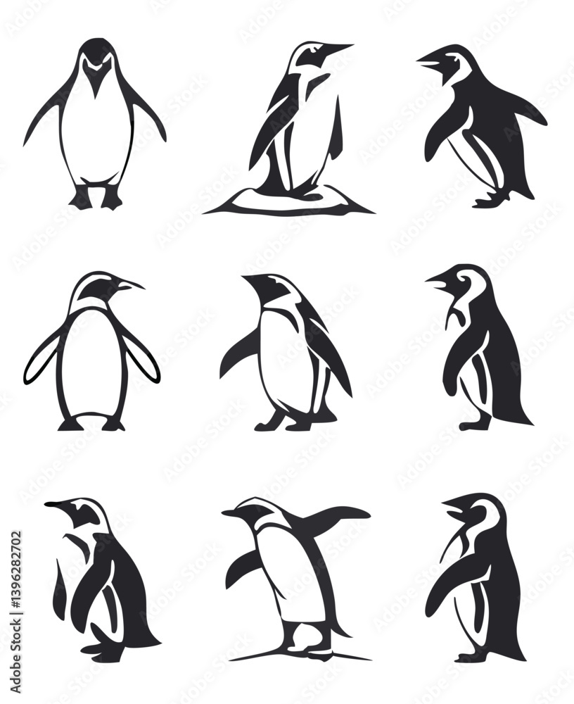 Fototapeta premium Cute and Silhouette Penguin Vector Set – Cartoon Baby Penguins in Various Poses and Black and White Icons for Kids, Winter, and Wildlife Design.