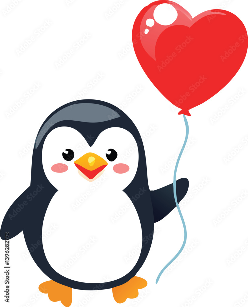 Fototapeta premium Cute Cartoon Penguin Collection – Vector Set with Ice Cream, Heart Balloon, Speech Bubble, Sign, and Arctic Scene.