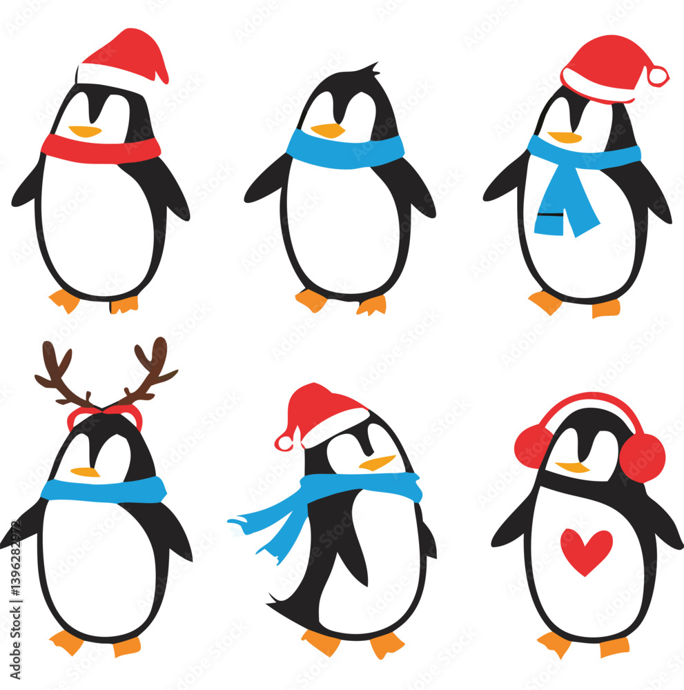 Obraz premium Cute Cartoon Penguins in Winter and Holiday Outfits with Gifts, Balloons, and Festive Accessories – Christmas and New Year Animal Clipart Collection.