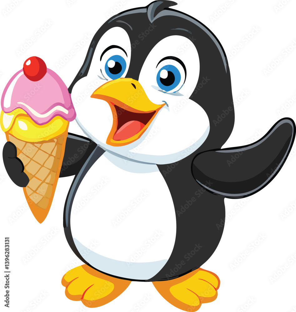 Obraz premium Cute Cartoon Penguin Collection – Vector Set with Ice Cream, Heart Balloon, Speech Bubble, Sign, and Arctic Scene.