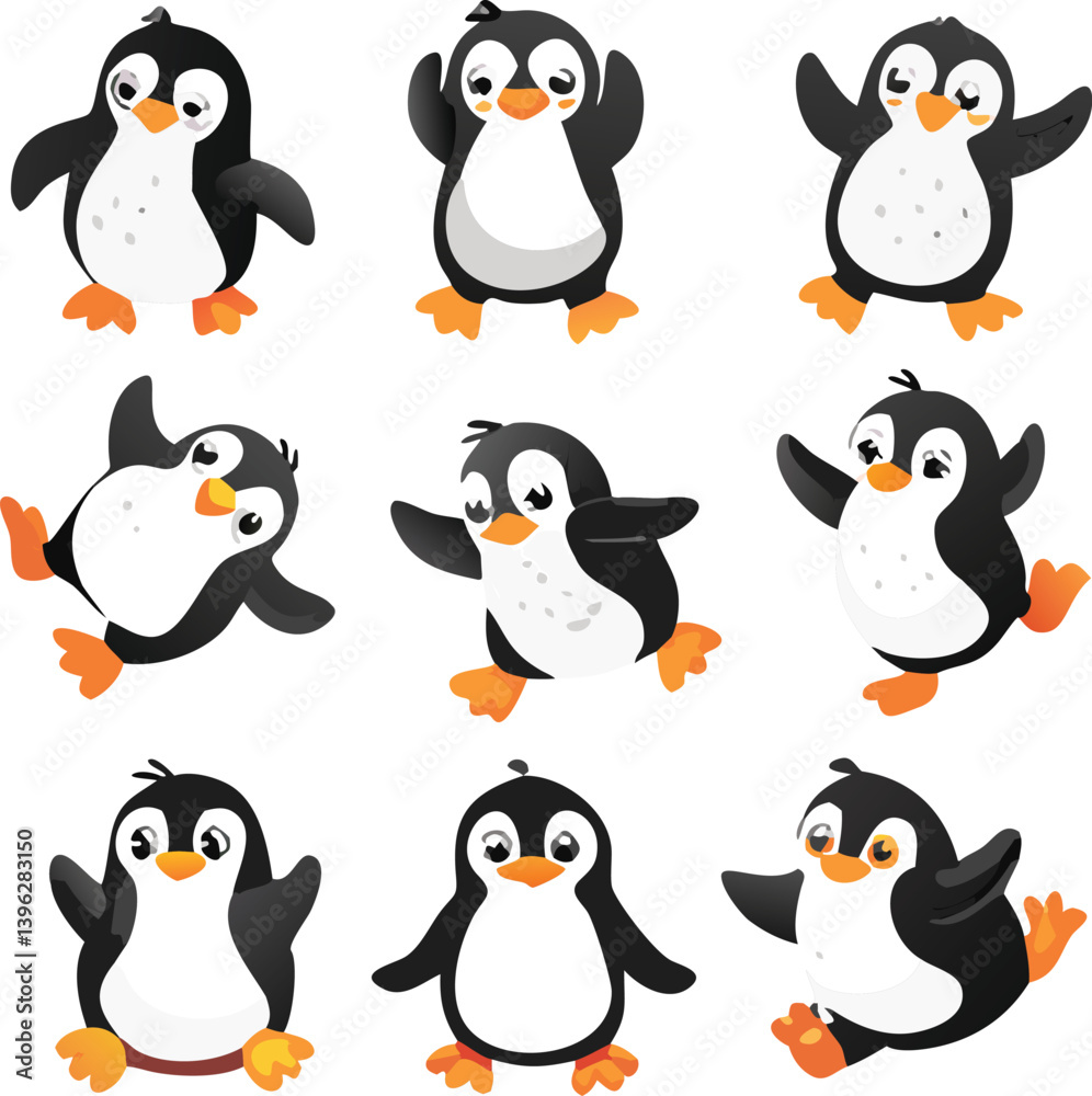 Fototapeta premium Cute and Silhouette Penguin Vector Set – Cartoon Baby Penguins in Various Poses and Black and White Icons for Kids, Winter, and Wildlife Design.