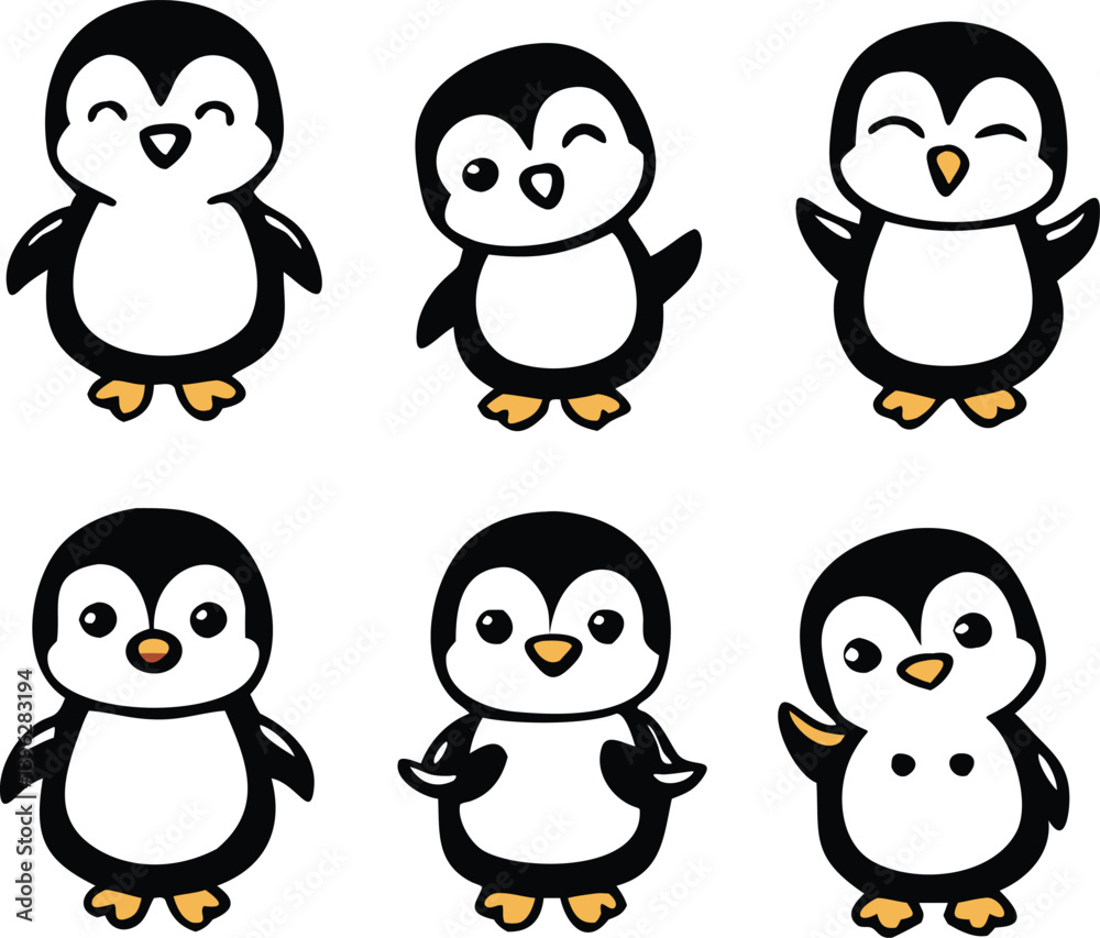 Fototapeta premium Cute and Silhouette Penguin Vector Set – Cartoon Baby Penguins in Various Poses and Black and White Icons for Kids, Winter, and Wildlife Design.