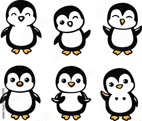 Cute and Silhouette Penguin Vector Set – Cartoon Baby Penguins in Various Poses and Black and White Icons for Kids, Winter, and Wildlife Design.