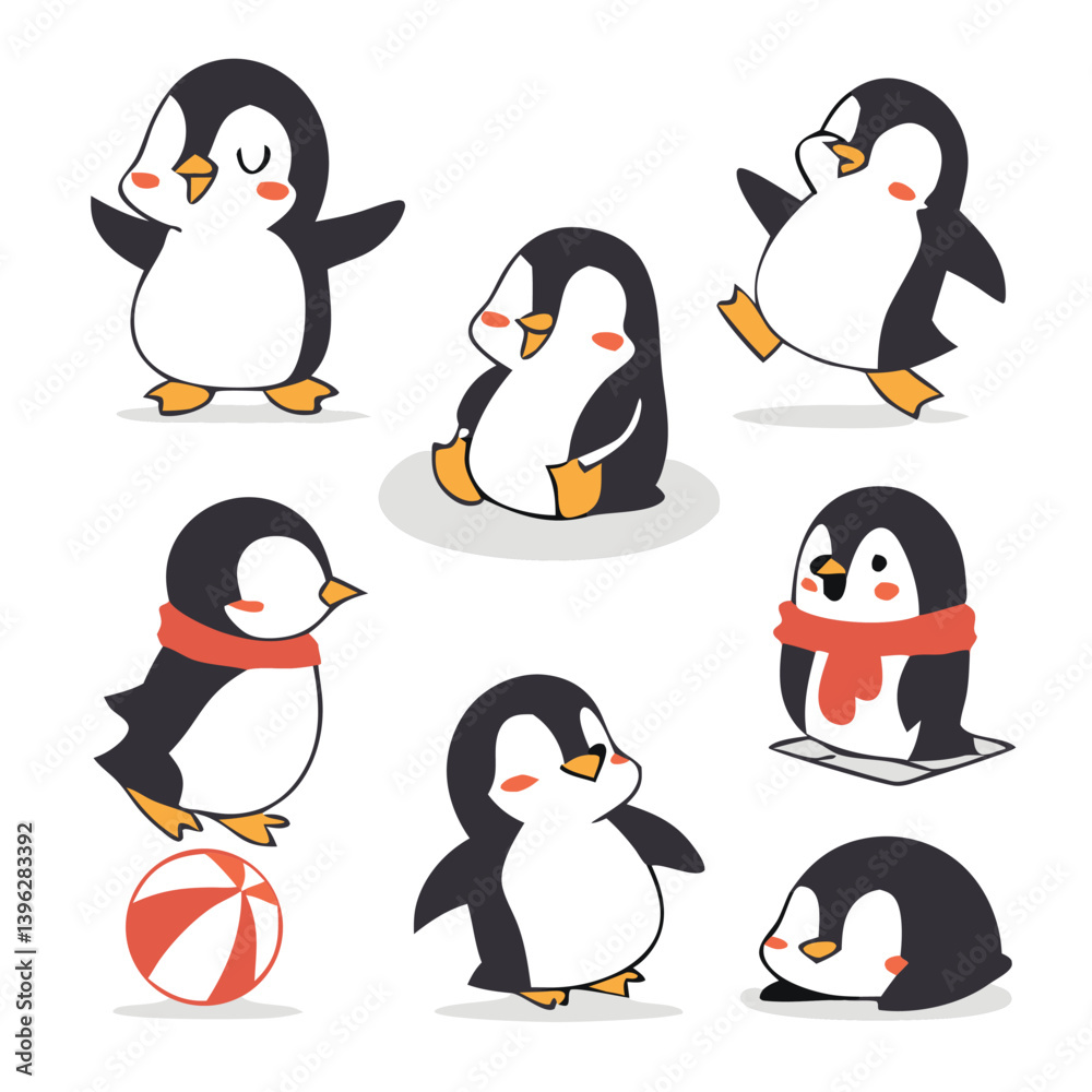 Fototapeta premium Cute and Silhouette Penguin Vector Set – Cartoon Baby Penguins in Various Poses and Black and White Icons for Kids, Winter, and Wildlife Design.