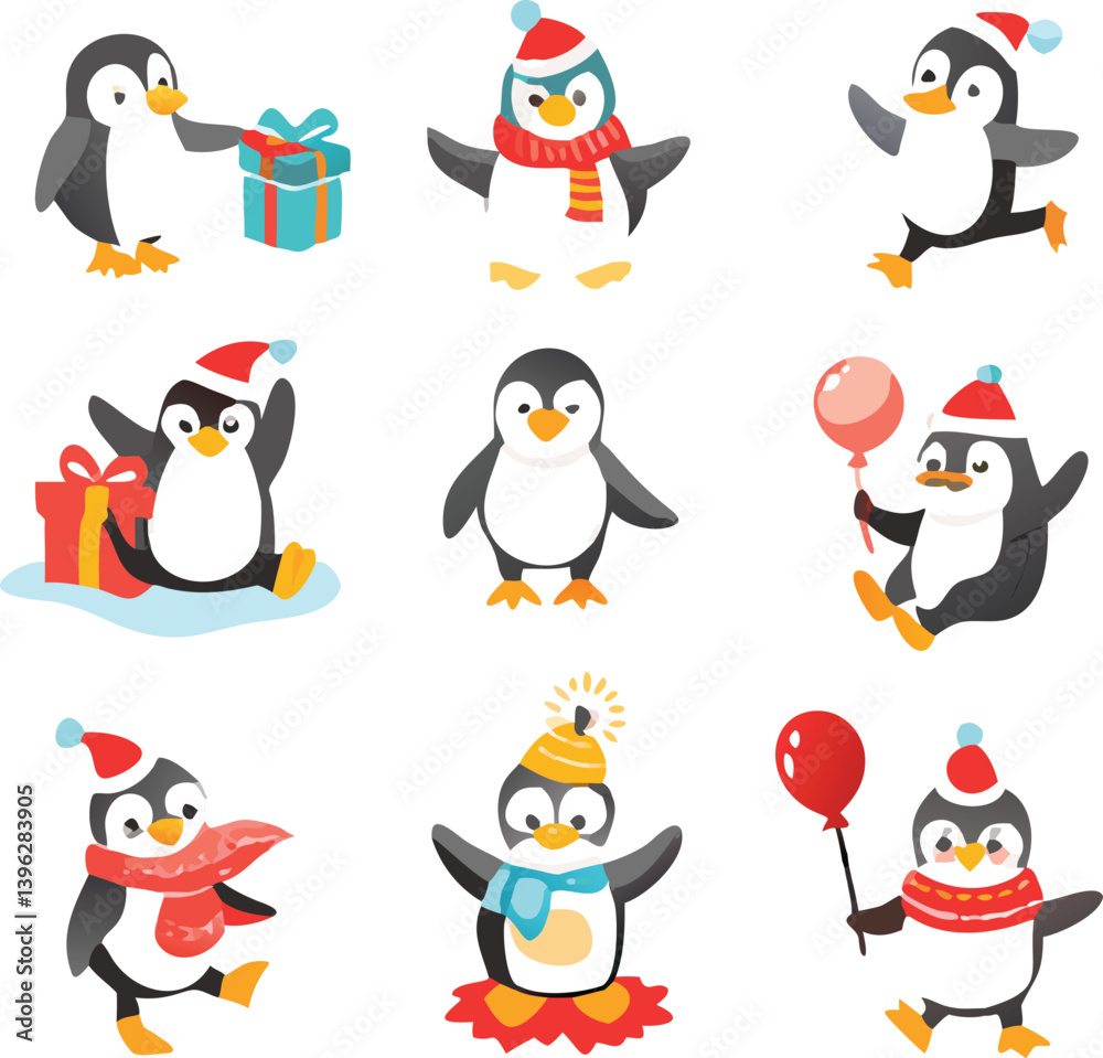 Fototapeta premium Cute Cartoon Penguins in Winter and Holiday Outfits with Gifts, Balloons, and Festive Accessories – Christmas and New Year Animal Clipart Collection.