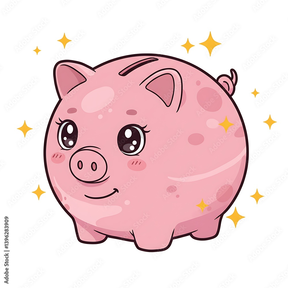 Fototapeta premium Piggy Bank Cartoon with Big Eyes and Stars